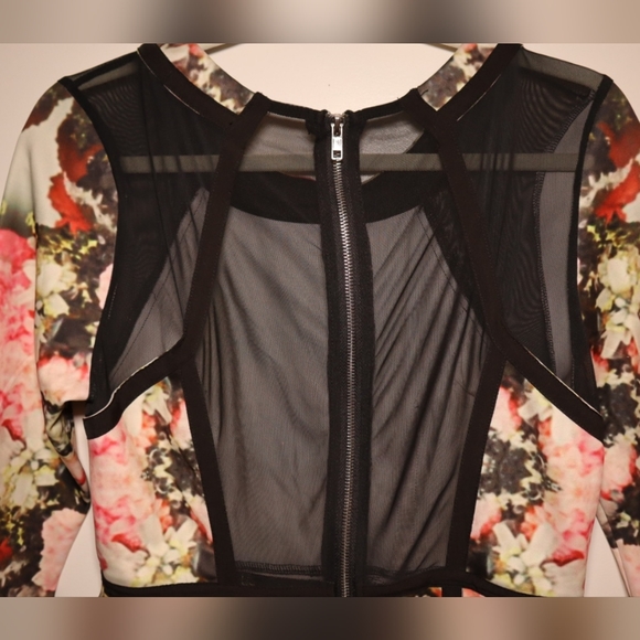 New ASOS mesh quarter sleeves bodycon dress black pink floral - Picture 4 of 9